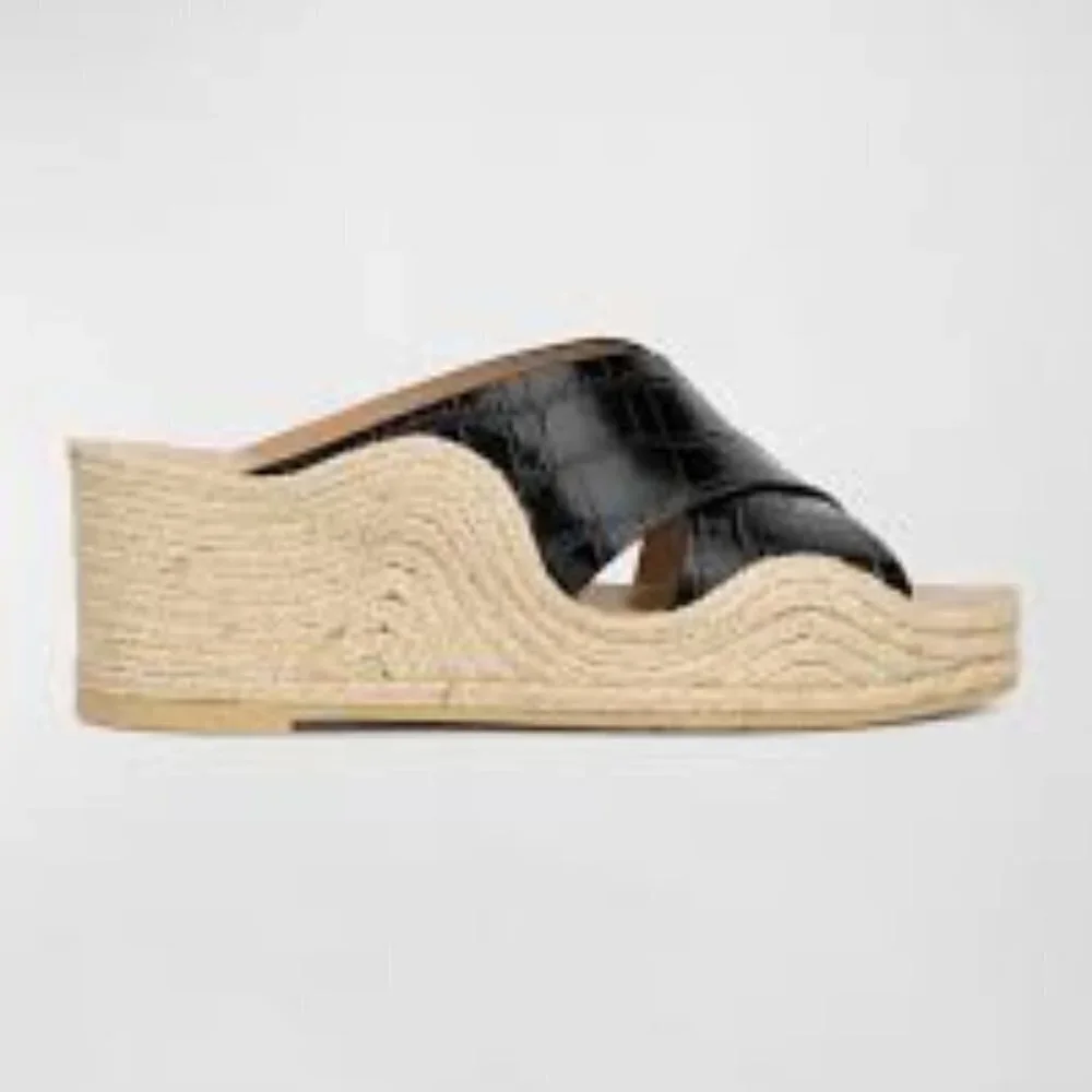 Aquatalia Marina Leather Croc Embossed Crisscross Espadrille Wedges Black Size 7